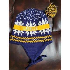 LaSalle Knit Beanie Hat Tassel Ear Flaps Winter Warm Blue/Yellow Snowflake